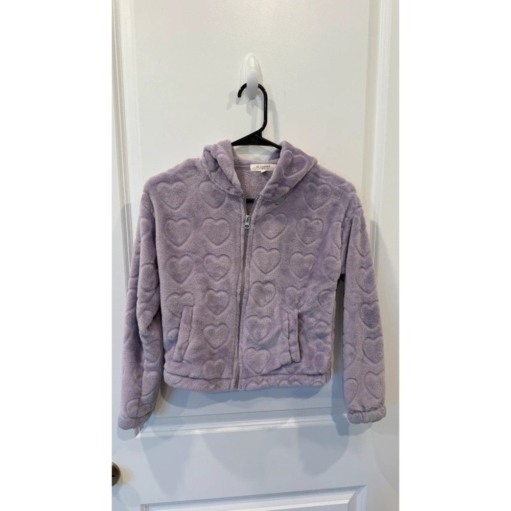 no comment girls Lavender Heart Pattern Fuzzy Zip-Up Hoodie Jacket M 10/12